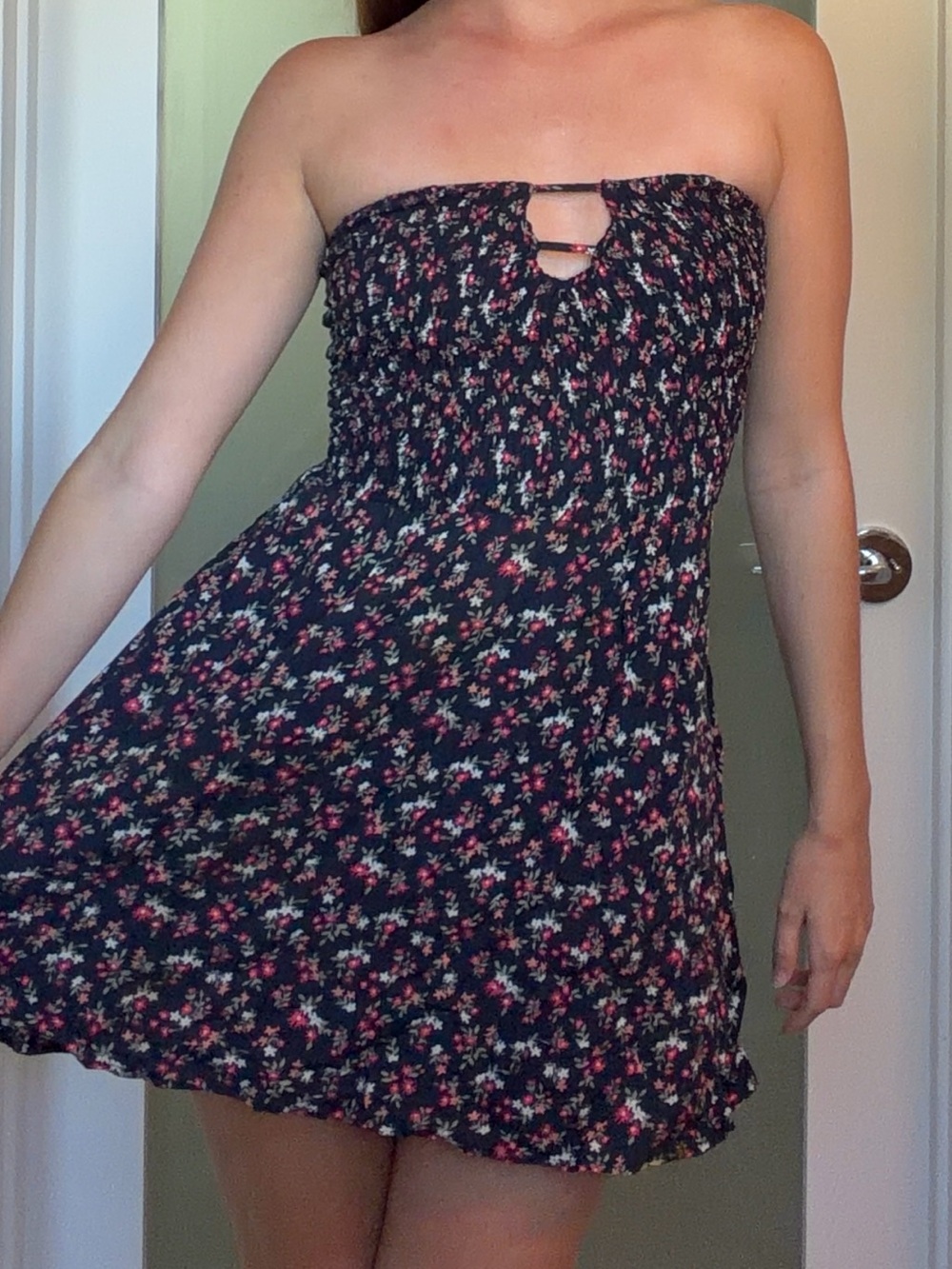 Smocked Strapless Floral Mini Dress